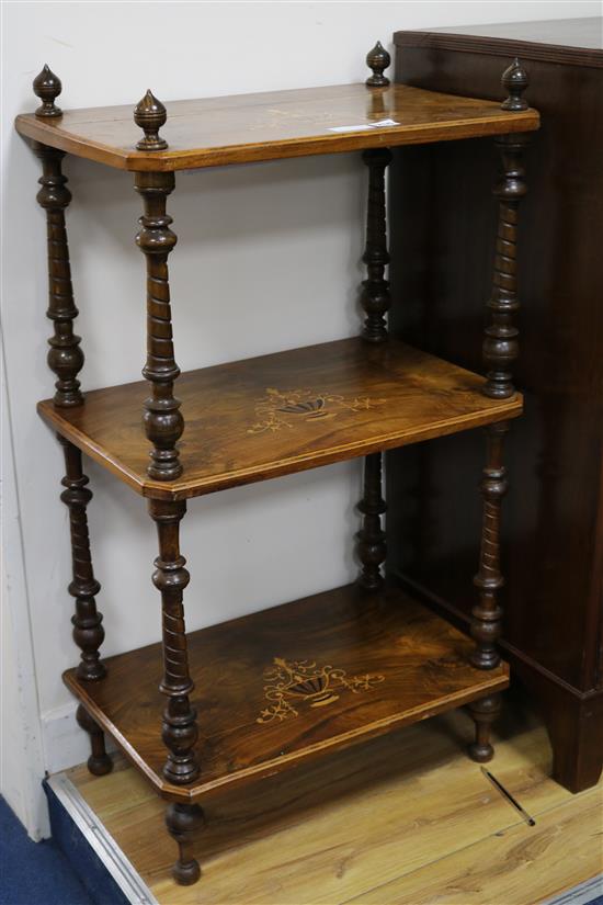A Victorian walnut three tier whatnot, H.92cm